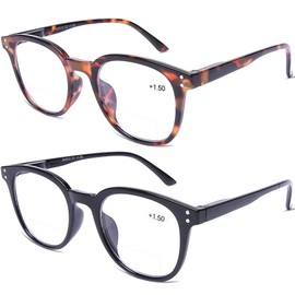 AQWANO 2 Pack Bifocal Reading Glasses for Men Women, Fashion Round Bifocal Readers Lightweight Comfortable Quality Frames with Spring Hinges, 1.0