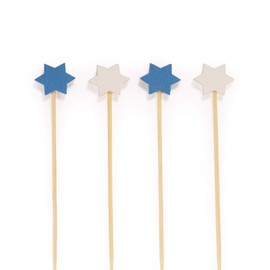 BambooMN - Holiday Hanukkah 6-Point Star Bamboo Picks Skewers for Fruit Sandwiches Cocktails - 4.7" (12cm) - Blue, White - 100pcs