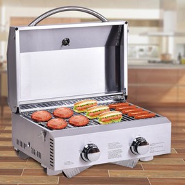 HAPPYGRILL Stainless Steel Propane Gas Grill, Portable Two-Burner BBQ Grill, Outdoor Grill with Foldable Leg for Camping Picnics, 20000 BTU