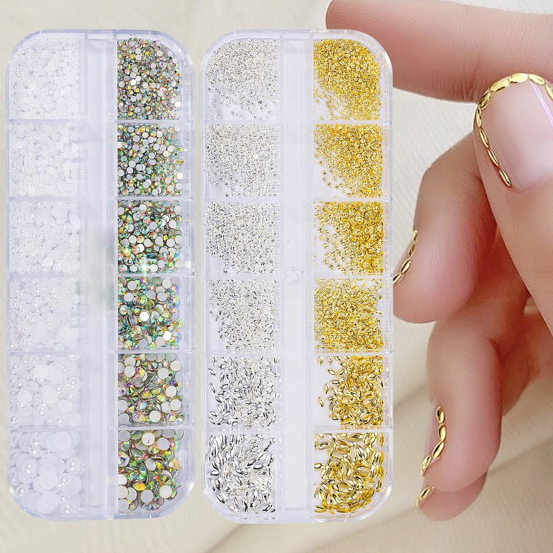 2 Boxes 12 Grids Multi-Shaped Gold Silver Gemstones for Nail