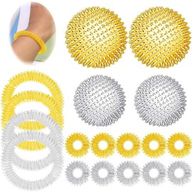 18 Hedgehog Ball Massager Set with 10 Acupressure Ring, 4 Metal Hedgehog Balls, 4 Acupressure Bracelets, Massager for Pain Relief and Relaxation, Lightweight and Portable, Skills Panic Attacks (Silver)