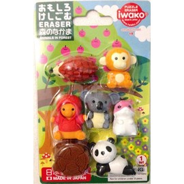 Novelty Japanese Puzzle Eraser Rubber Set - IWAKO Forest Animal Blister Pack - Contains 7 Erasers