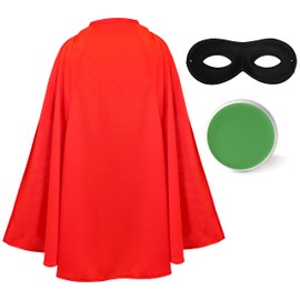 Child's Bad Pea Costume Set - Red Cape + Black Eye Mask + Green Facepaint - Evil Pea Costume Perfect For World Book Day School Book Week Fancy Dress