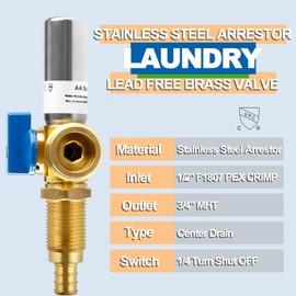 AquaNeurk Washing Machine OutLet Box With Stainless Steel Water Hammer Arrestor,1/2 Inch Pex Crimp Inlet x 3/4 Inch MHT Outlet, F1807 Center Drain Laudry Box