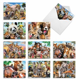 The Best Card Company - 10 Blank Animal Cards Box Set (4 x 5.12 Inch) - Bulk Assorted Pets, Horses, Wildlife Cards for Kids, Camp - Here's Looking at Zoo M6639OCB
