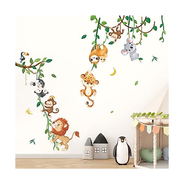 decalmile Jungle Animals Climbing Tree Wall Decals Monkey Lion Koala Tiger Wall Stickers Baby Nursery Kids Room Living Room Home Decor