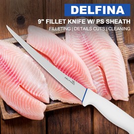 DELFINA 9 inch Flexible Fillet Knife For Fish W/Softgrip & Sheath, High Carbon Japanese 420J2 Stainless Steel Fish Fillet Knife, Ideal for Filleting, Removing Fish Skin, Deboning