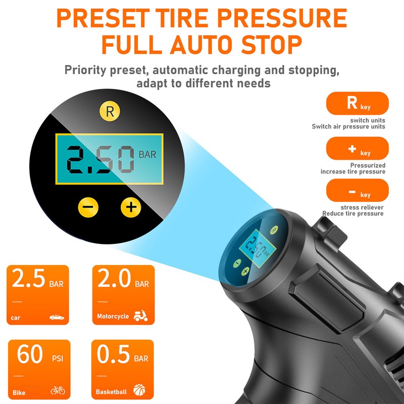 Cordless Tire Inflator Digital Display Automatic Stop 120W Pump for