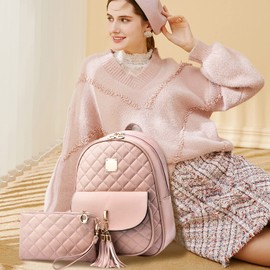 NICOLE & DORIS Fashion Backpacks for Women Backpack and Purse Set Small Rucksack Mini Backpack Leather PU Ladies Travel Bag School Bag with Tassel Daypack for Girls Pink