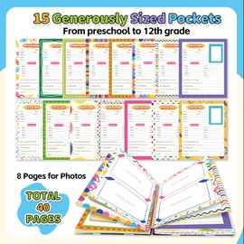 PraxiKidy School Memory Book Photo Album for Kids,12.5"x11.2", Scrapbook with 15 Keepsake Pockets from Preschool to 12th Grade for Storage Portfolio, Childhood School Years Days Picture Back to School