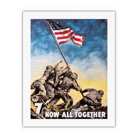 Iwo jima, Japan - American Flag Raising - Now All Together - 7th War Loan - Vintage War Poster by C. C. Beall 1945 - Fine Art Rolled Canvas Print 20in x 26in