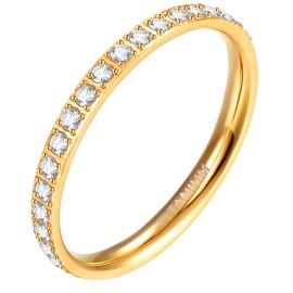 Zakk Women Titanium Eternity Ring Cubic Zirconia Engagement Promise Wedding Band 2mm Comfort Fit (Gold-Full Eternity,Size H)