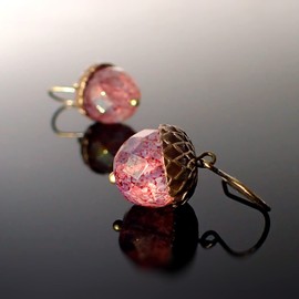 Czech Glass Acorn Earrings with Antiqued Brass Vintage Style Caps (Translucent pink)