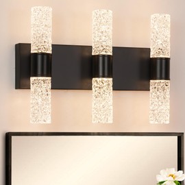 Modern Vanity Light, 3-Light Black LED Vanity Light Fixture, Crystal Bathroom Lighting Fixtures Over Mirror, Wall Lighting Fixtures for Bath, Wall Sconce for Bedroom Living Room, 27W 3000K Warm White