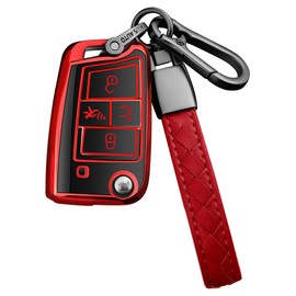 Sindeda Volkswagen Key Fob Cover with Keychain, Soft Full Protection Key Shell, Compatible with VW Tiguan, Golf, Jetta, Polo, Atlas, Skoda (Red)