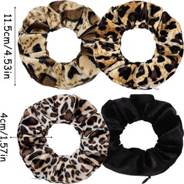 4Pcs Leopard Scrunchie with Zip Pocket, Large Fabric Scrunchies Elastic Ponytail Holders Hair Style Accessories for Women Girls