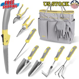 10 Piece Stainless Steel Gardening Tool Set W/ Ergonomic Handles Durable Tote US