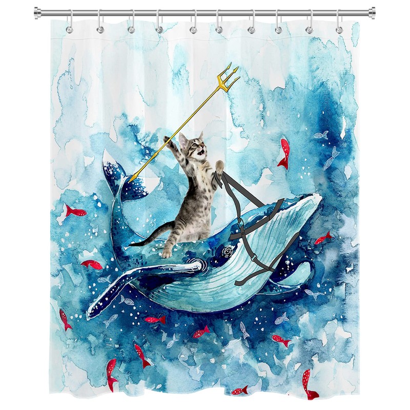 LB Blue Whale Shower Curtain Funny Cat,Watercolor Polyester Anti Mould