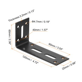 QUARKZMAN Adjustable L Corner Brackets, 4 Pieces 120 x 60 x 40 mm Stainless Steel L Corner Brackets, 90 Degree Slotted Angle Support for Furniture Repair, Black