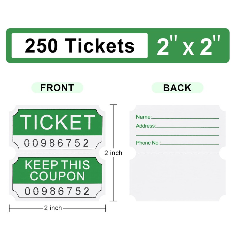 L LIKED 250 Raffle Tickets, Green (4 Color Selection),Double Roll,50/50