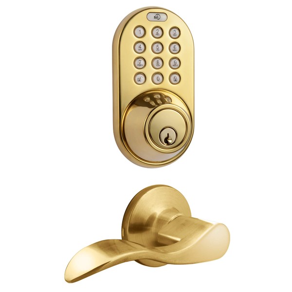 MiLocks TFL-02P Digital Deadbolt Door Lock and Passage Lever Handle Combo with Keyless Entry via Keypad Code for Exterior Doors, Polished Brass