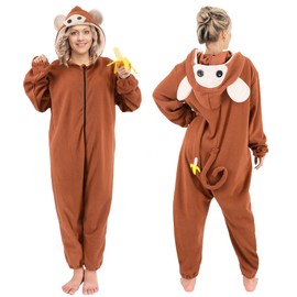 Tao-Ge Monkey Onesie Adult Men Women Monkey Costume Pajamas Animal Onesies Suit for Christmas with Funny Banana Accessories Brown