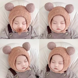 Cute & Warm Unisex Baby Bear Earflap Hat for Autumn/Winter Protective Big Eye Big Pom-Pom Hat - Pink 15ea