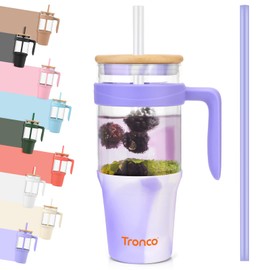Tronco 40oz Glass Tumbler with Handle, Glass Tumbler with Straw and Bamboo Lid, Glass Water Bottle Fits in Cup Holder, Iced Coffee Cup, Smoothie Cup, BPA Free, Dishwasher Safe (Mixed Purple)