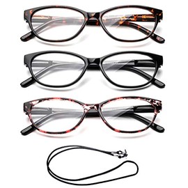 Slim Cat Eye Translucent Tortoise Shell Fashion Reading Glasses for Women 3 Pack with Lanyard +3.50