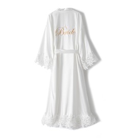 VOGUEMAX Womens Lace Trim Bride Bridesmaid Robe Long Sleepwear Getting Ready of Wedding Silky Kimono Robe