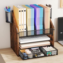 SWTYMIKI SWTYMIKI Desk Organizer with Drawers - Mesh and Wood Desk File Organizer with Pen Holders, 4-Tier Paper Organizer for Office Organizer and Accessorie, School and Home Storage, Espresso