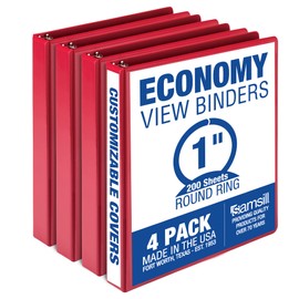 Samsill 1 Inch 3 Ring Binders, Made in USA, Economy Round Ring, Clear View Cover, 200 Sheet Capacity - for School, Home, Office - Red, 4 Pack