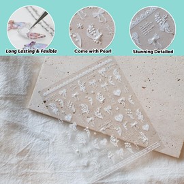 CESTSIREN White Floral Bow Nail Stickers, Pearl 5D Embossed Decals for Art Design, Self-Adhesive Accessories for Women, Supplies