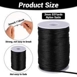 3mm 55Yards Nylon Satin Cord Black Bracelet String Wind Chime Cord Replacement for Necklace Jewelry Making Chinese Knot Macrame Waxed Trim Cord Multi-Use Silk Cord for Braided Beading, Lanyards, Craft