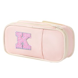 Preppy Pencil Case for School Supplies, Initial Large Pink Pencil Case Organizer with Zipper, Cute Pencil Bag Holder for Office, Ideal Birthday Gift for Kids,8,9,10 Years Old Girls, Adults--Pink K