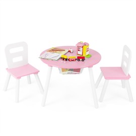 HONEY JOY Kids Table and Chair Set, Wooden Children Activity Table and 2 Chairs for Art & Craft, Storage Mesh Basket, 3-Piece Toddler Furniture Set for Daycare & Playroom, Gift for Boys Girls (Pink)