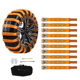 10 Universal Car Snow Chains with Storage Bag and Tools, Tyres 165-265 mm for Car Truck SUV, Anti-Slip Adjustable Emergency wear-resistant TPU anti-skid chains.
