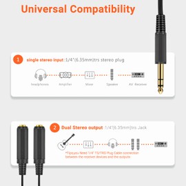 WILLIZTER 1/4 Inch 6.35mm Splitter Cable，1/4 Inch 6.35mm TRS Stereo Male to Dual 6.35mm 1/4 Inch TRS Stereo Female Jack Quarter Y Splitter Cable Quarter Inch Splitter Cord