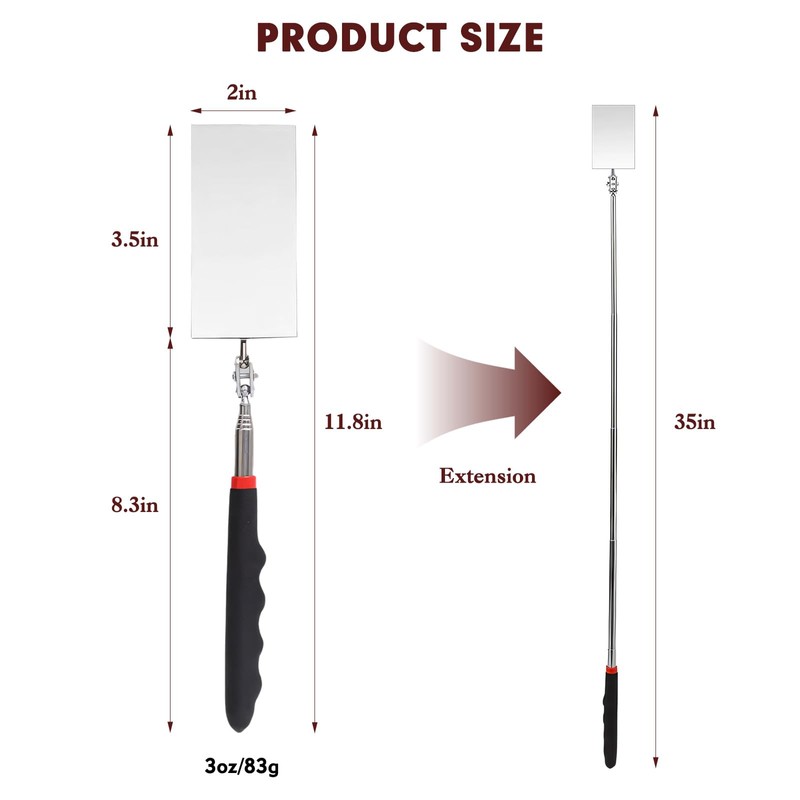 12-35 Inch Extendable Inspection Mirror, 360-Degree Rotation Inspection Mirror Telescoping,