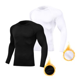 Towintec Mens Compression Base Layer Thermal Top for Men Fleece Lined Winter Underlayer Breathable Athletic Mens Sports Long Sleeve Fitness Tights for Running Basketball Gym Workout(Black+White,XL)