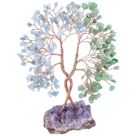 mookaitedecor Natural Green Aventurine & Aquamarine Crystal Tree with Amethyst Cluster Base, Money Tree of Life Ornament for Feng Shui Desk Decoration