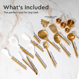 Gold Kitchen Utensils Set - 19 PC Luxury Set Includes Stainless Steel Gold Cooking Utensils Set, White Silicone Cooking Utensils, Gold Measuring Cups and Spoons Set - Gold Kitchen Accessories