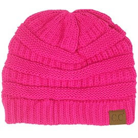 CC Classic Winter Fall Trendy Chunky Stretchy Cable Knit Beanie Hat (Neon Hot Pink)