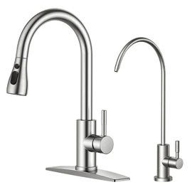 FORIOUS Kitchen Faucet and Water Filter Faucet Combo, Brushed Nickel Stainless Steel Bar Faucet Pull Down Sprayer and Drinking Purifier Faucet Set for Kitchen Sink RV Farmhouse Camper