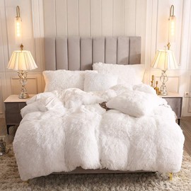 Uhamho Luxury Fluffy 1PC Solid Duvet Cover Faux Fur Plush Shaggy Quilt Cover Velvet Bedspread Zipper Closure, No Pillow Sham, No Comforter (White, King)