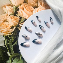 24 pcs French Tip Press on Nails Medium Length Almond Fake Nails Star Pattern Full Cover Stick on False Nails Silver Gray Acrylic Planetary Rhinestone Design Nails for Women and Girls