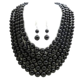 Fashion 21 Women's Five Multi-Strand Simulated Pearl Statement Necklace and Earrings Set (Black)