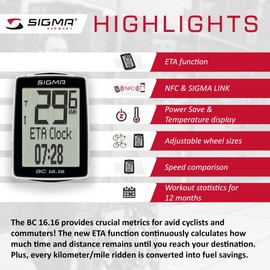 Sigma Sport Bicycle Computer BC, 16.16 STS CAD, 16 Functions, Arrival Display, Wireless Bike Speedometer, Black