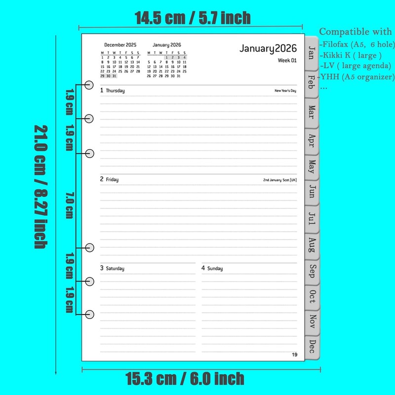 2026 Diary Refill A5 Size 6 Holes, 1 Week on