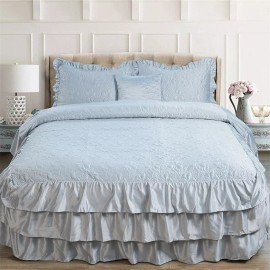 Home Soft Things Lux 4Piece Matte Satin Bedding Set Reversible Ruffle Quilted Coverlet Queen/King - Light Blue, King (78" x 80" + 24")